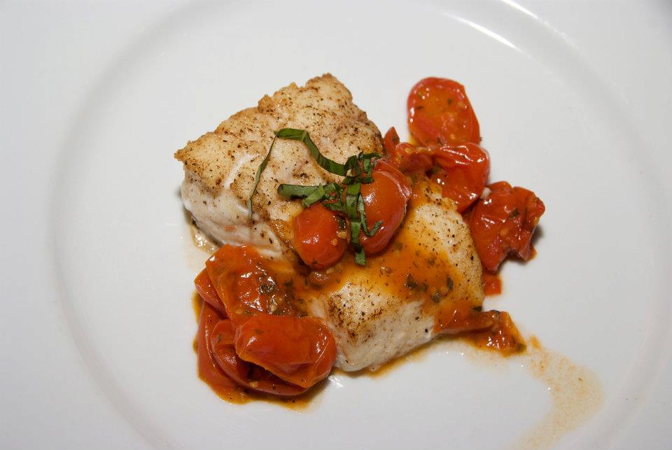 Pan Seared Halibut with a Rustic Roasted Tomato “Sauce”