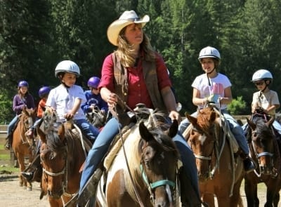 guide leading kids out on a trail ride