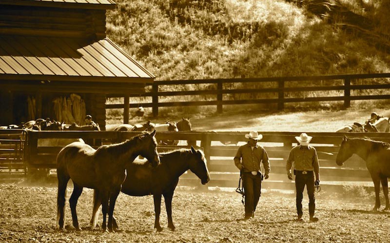 two wranglers on the ranch - sepia toned photo