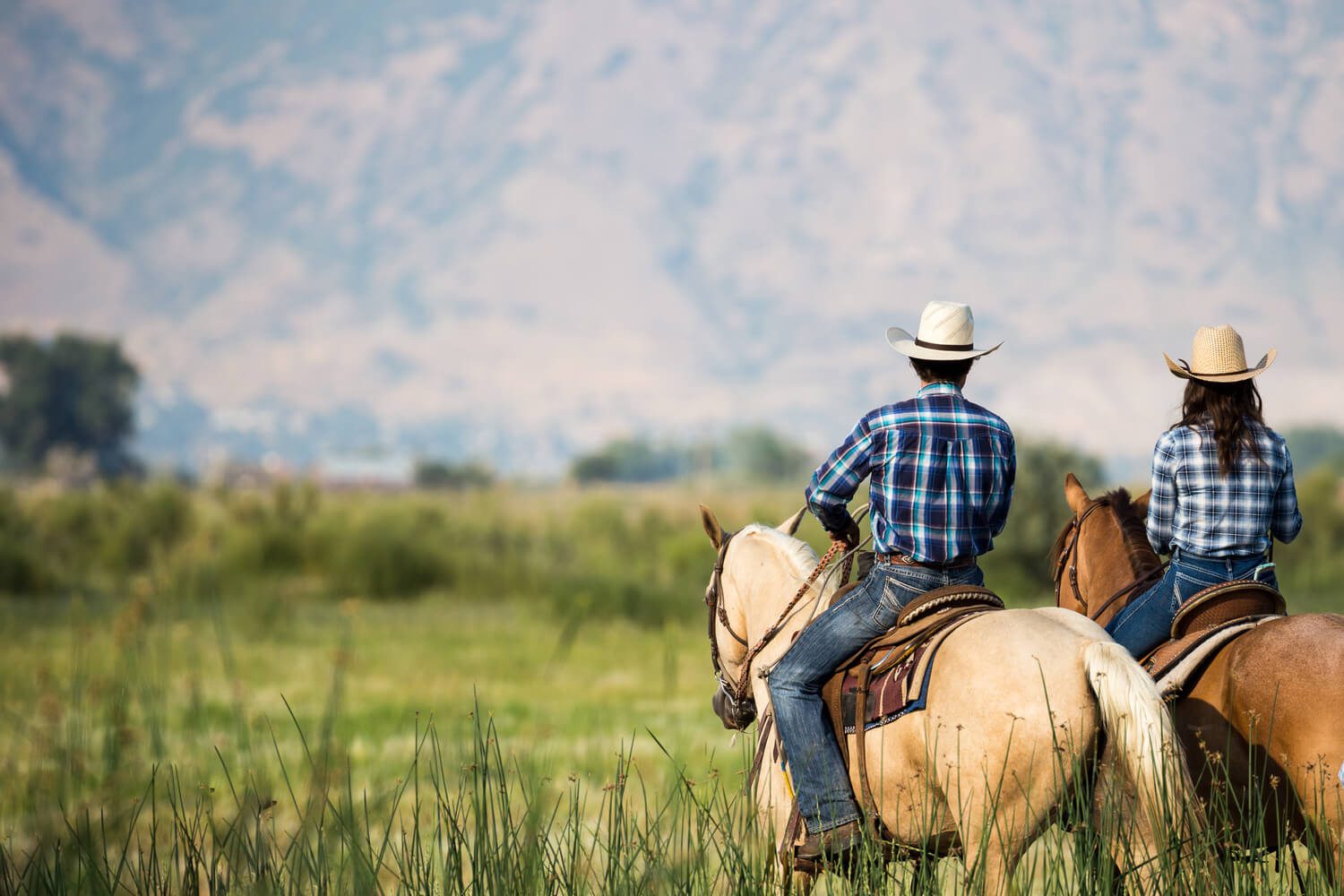 Two equine enthusiasts look off into the distance while admiring the scenery during their horseback riding vacation.