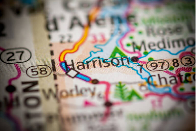 A colorful of a map with Harrison, Idaho as the focal point.