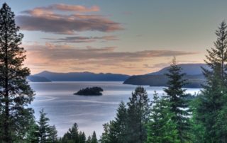 A scenic view of Lake Pend Oreille in the Idaho Panhandle National Forests.