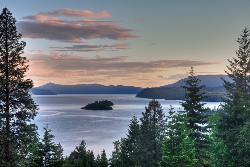 A scenic view of Lake Pend Oreille in the Idaho Panhandle National Forests.