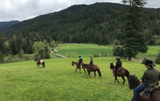 All Inclusive Guest Ranch: A group of horseback riders traverse an alpine meadow.