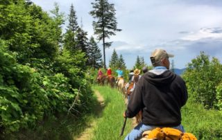 Guest Ranch Vacation: A line of horseback riders make their way along an alpine ridge near Red Horse Mountain Ranch in Idaho.