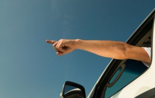A person pointing out of a car window at Roadside Attractions.